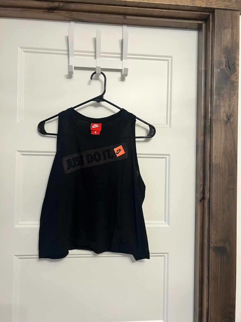 Nike Black Women's 'Just Do It.' Cropped Tank with Orange Logo Tag - Runs Small